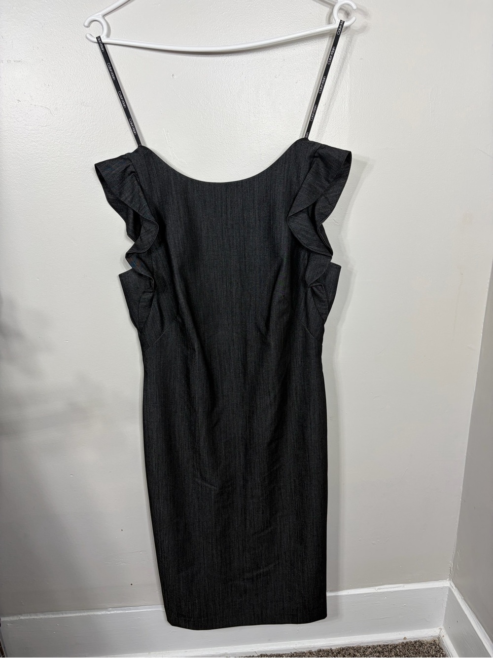Calvin Klein Black Midi Dress Ruffle Sleeve Detail Little Black Dress LBD Party - Picture 2 of 4